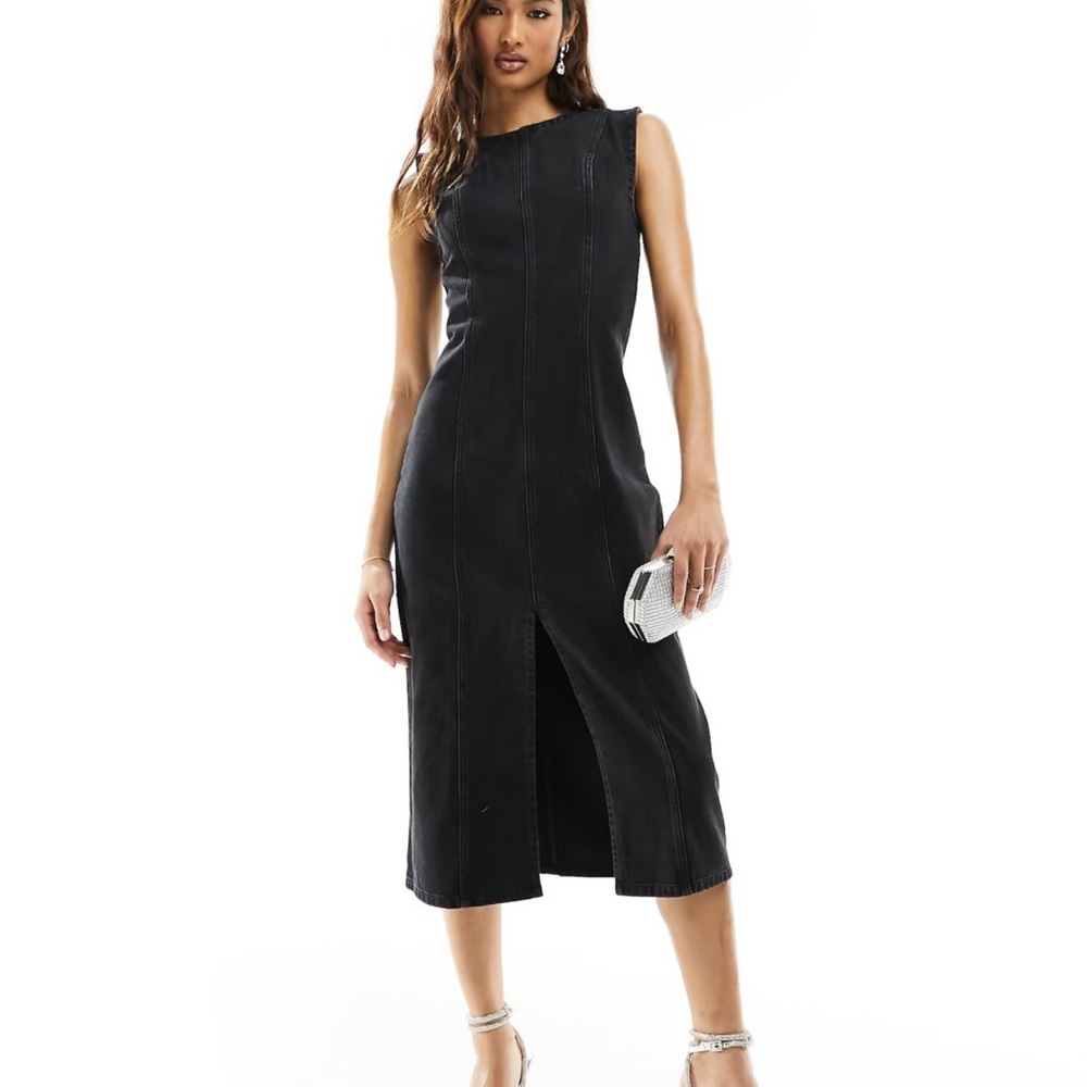 Abercrombie & Fitch Black Sleeveless Midi Dress with Front Slit